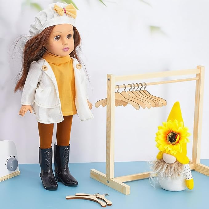 Civaner 11 Pcs Doll Garment Rack with Wooden Clothes Hanger for 18 Inch Girl Doll Clothes Mini Hangers Wardrobe Furniture Accessories for Dollhouse Baby Shower Supplies (Wood)