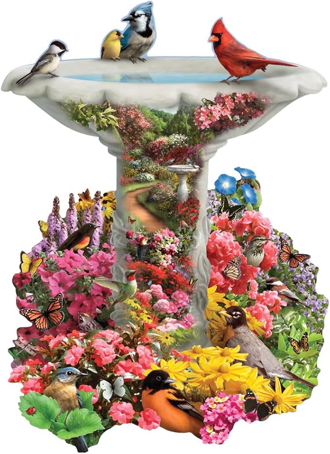 Bits and Pieces – 750 Piece Jigsaw Puzzle for Adults – Garden Birdbath, Busy Bird Fountain - by Artist Alan Giana, Completed Puzzle Size: 20" x 27"