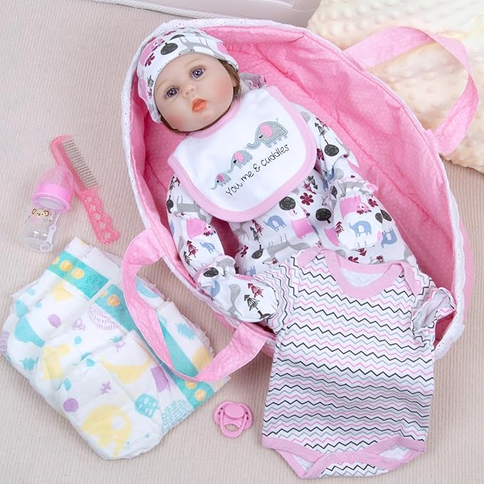 13PCS Reborn Baby Doll Clothes 17-22 Inch Pink Elephant Reborn Newborn Baby Doll Carrier Bassinet Accessories Girl Sets
