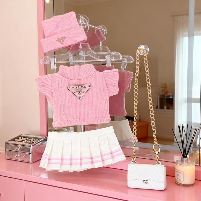 Doll Clothing Set (No Doll), Cute Cropped Straw Hat, Crossbody Bag, Dress, Suitable for 15-17cm Dolls, Outfit Accessory Set for Unique Styling (Pink-Pra)