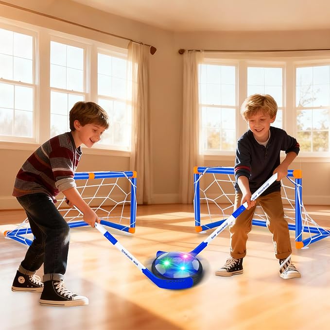 4-in-1 Hover Soccer Ball Hockey & Bowling Set, LED Air Floating Sports Toy for Indoor Outdoor Play for Kids Ages 3-12, Birthday for Boys Girls Toddlers