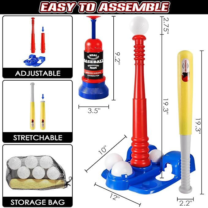 Tball Set for Kids, T Ball Sets for Toddlers 1-3, Baseball Toys with 6 Balls/Glove/Pitching Machine/Bat/Tee, Outdoor Sports Gifts for Boys Girls(Blue)