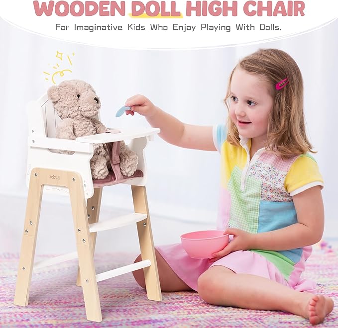 ROBUD Play High Chair, Pretend Play High Chair with Cushion, Movable Table, Wooden Baby Doll Accessories, Fits 18-20 Inch Dolls, White