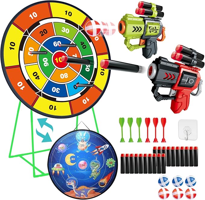 Double-Sided Dart Board Garden Game for Kids, 29 Inch Dartboard Standing & Hanging Shooting Toy Set with 2 Toy Guns, Indoor Outdoor Garden Carnival Party Game Fun for 3 4 5 6 7 8+ Year Old Boys Girls