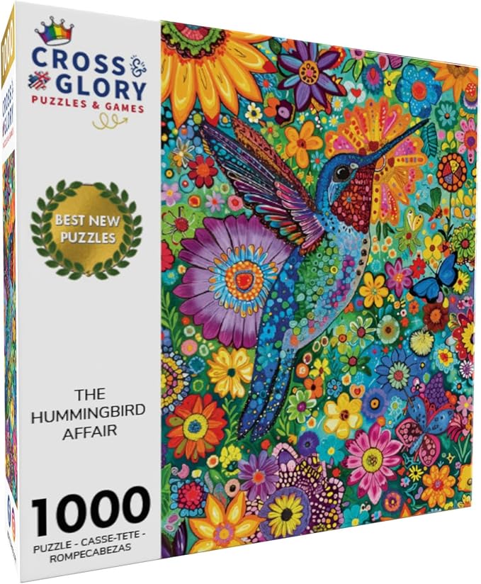 Cross & Glory – 1000 Piece Jigsaw Puzzle for Adults |The Hummingbird Affair | Elegant Golden Hummingbird Garden Puzzle | Vibrant Floral Artwork | 20x27 Inches | Flower Puzzle