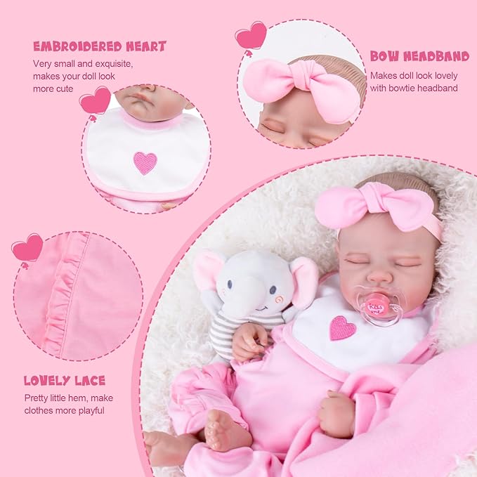 Aori 7 Pcs Reborn Baby Dolls Clothes Set with Pink Bassinet for 17-22 Inch Baby Doll, Carrier Bed and Baby Doll Clothes Outfit Accessories fit Newborn Baby Girl