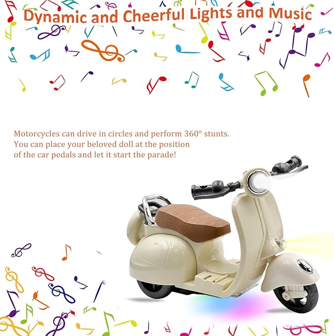 Electric Doll Scooter for 17cm Doll,Funny Doll Accessories with Music and Lights, 360° Rotatable Plastic Scooter Decoration Batteries Not Included (White)