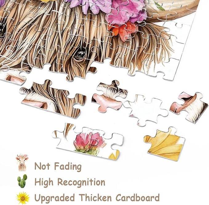 Highland Cow Sunflower Puzzle for Adults 1000 Pieces, Cute Animal Flower Jigsaw Puzzle, Colorful Cactus Floral Watercolor Painting Puzzle