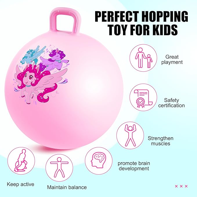 INPODAK Hopper Ball, Unicorn Bouncy Ball with Handle for Kids, 18 Inch Hippity Hop Jumping Bouncer, Pink Hopping Toy for Boys and Girls Ages 3-6 with Pump and Gift Box for Birthday