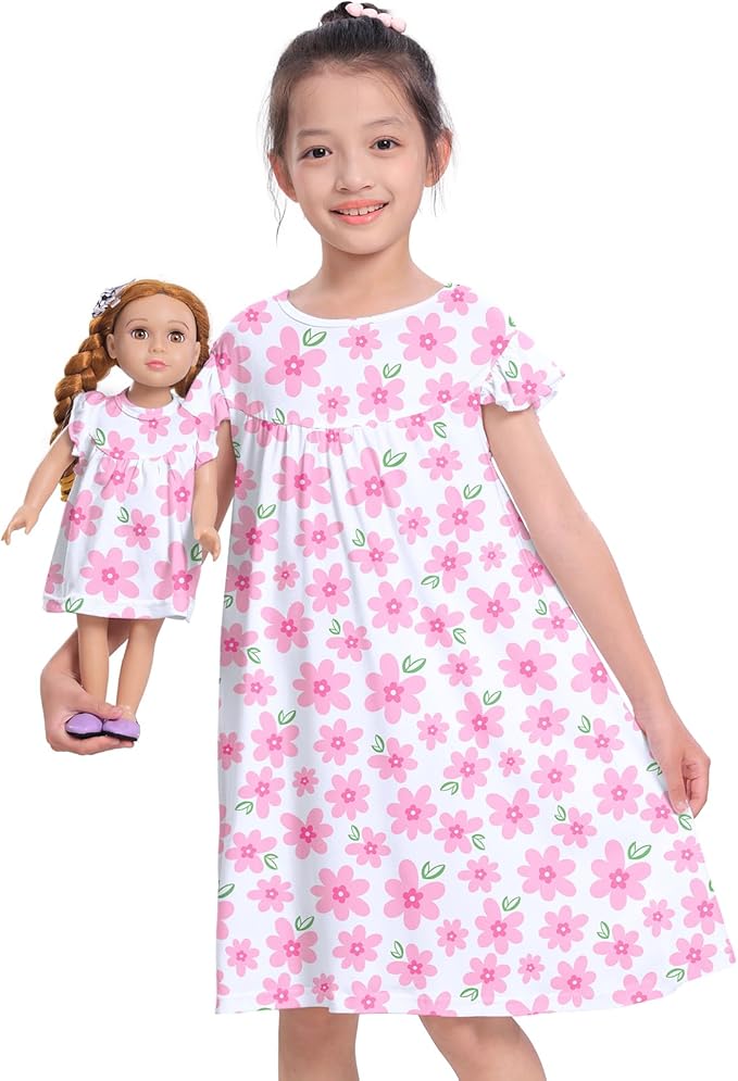 ICOSY Matching Doll & Girls Nightgowns Clothes Girls Pajamas Sleepwear Outfit for Kids and 18" Girl Doll