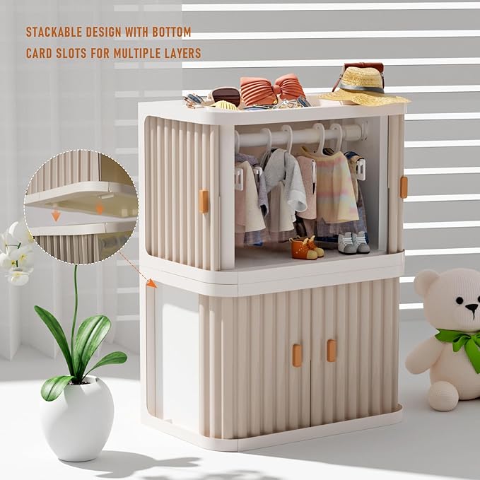 Doll Wardrobe Storage Box, Foldable Doll Closet with 10 Hangers and Rod for 15/17cm Doll Clothes Stackable Organizer Cabinet with Dust-Resistant Cover and Display Shelf (Pearl Grey)