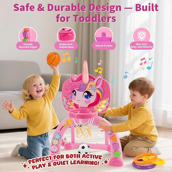 Toddler Basketball Hoop & Soccer Goal: Activity Center with Ring Toss – Unicorn Sports Play Set | Toys for Baby Toddlers 12-18 Months & Boys Girls Ages 1-3 | Indoor Outdoor Birthday