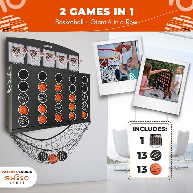 Swooc Games - Low Post Lineup™ | Wall Mounted Giant Basketball 4 In A Row w/ 5+ Games | Basketball Hoop For Room Wall Games | Game Room Games | Mini Basketball Hoop Indoor Connect | Four In A Row Game