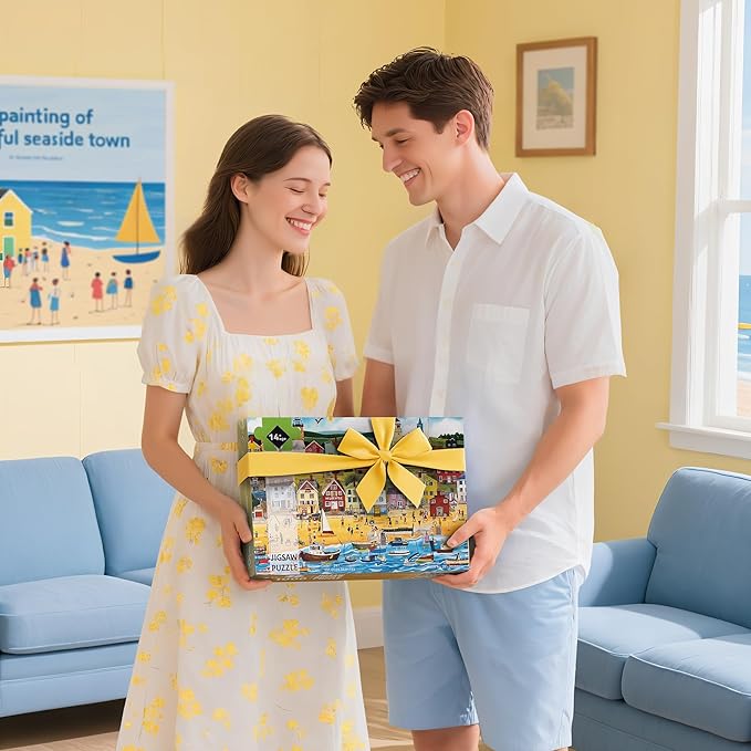 Puzzles for Adults 1000 Pieces - Jigsaw Puzzles Seaside City Beach - 1000 Pieces Puzzles with Letters on Back - Puzzle for Fun Game Nights 27.6x20.5 inch, 1:1 Poster