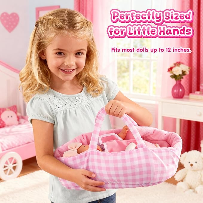AuntyFey 12" Baby Doll Set, Baby Doll Bassinet with Accessory for Girl Toddlers 1-3 with Bottle, Teddy Bear, Pillow, Blanket