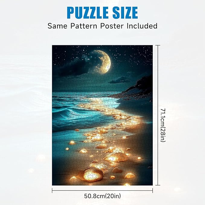 1000 Piece Jigsaw Puzzle for Adults, Moonlit Beach Glow in The Dark Night Scene Puzzle, 20x28 Inch Ocean Landscape Art for Relaxation, Home Decor