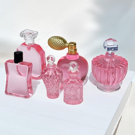1/12 Scale Miniature Cosmetic Set: 6 Realistic Perfume Bottles for Dollhouse Bathroom & Crafts (Pink)