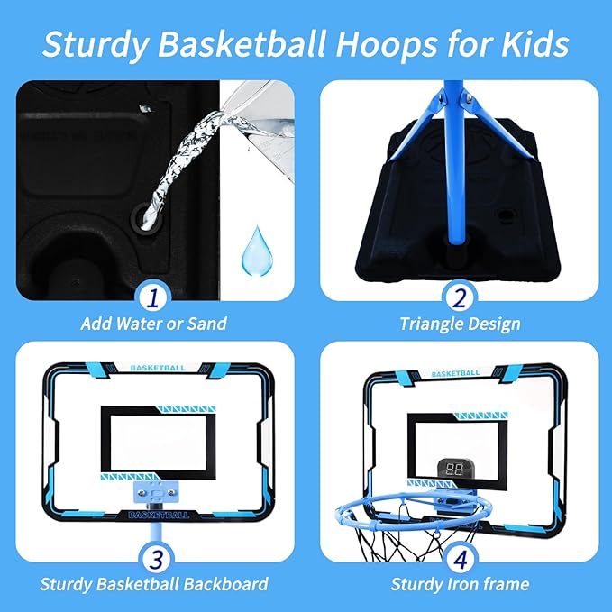 Nattork Kids Basketball Hoop, Adjustable Height Toddler Basketball Hoop Stand, Indoor Outdoor Basketball Goal Toy for Boys Girls Ages 3~8 Years Old, Includes 3 Balls, Ideal for Birthday Gift