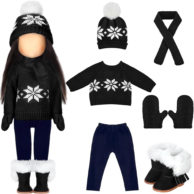 Bencailor 6 Pcs 18 Inch Christmas Doll Clothes and Accessories Winter Outfits Set Sweaters Trousers Hats Shoes Gloves for 18 Inch Doll Gifts(Black)