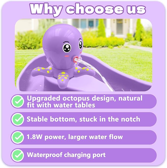 Water Table Pump, Octopus Battery Powered Water Pump for Water Table 3 Hours Non-Stop Fun Summer Outdoor Water Toys Outside Water Play Table Accessories for Toddlers Kids (Purple)