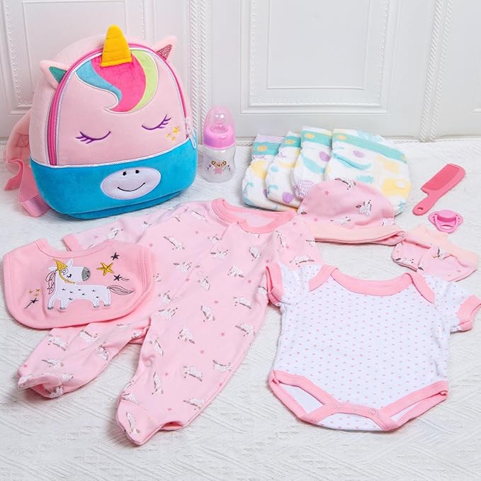 13 Pcs Reborn Baby Dolls Girl Clothes Accessories Pink Unicorn Theme Outfit Set for 17-22 Inch Reborn Dolls Newborn Girl with Unicorn Backpack Diaper