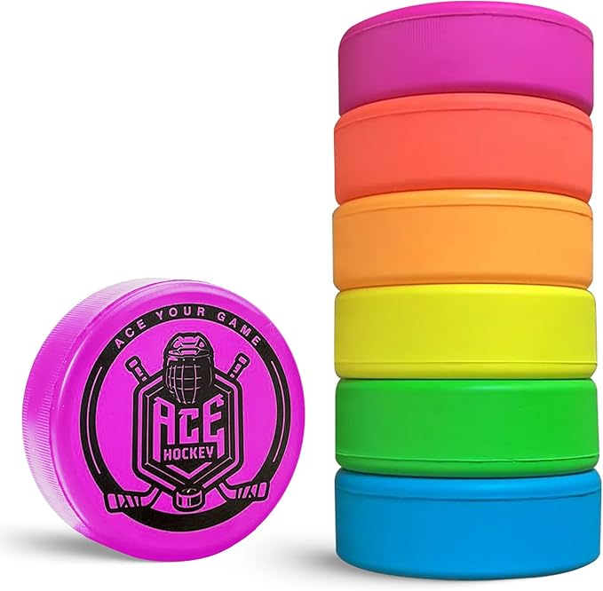 ACE HOCKEY Foam Pucks - Set of 6 Indoor Knee Hockey Pucks - Soft Hockey Pucks, Official Regulation Size 3" Floor Hockey Pucks - Rainbow Colors