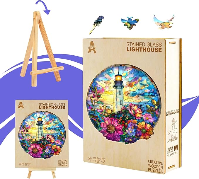 Wooden Puzzles for Adults - Stained Glass Lighthouse Wooden Puzzle, Unique Shape Wood Jigsaw Puzzle for Adults, Wood Puzzles Adult, Gifts for Family, Wall Art Home Decor (300pcs 13.4 * 13.1in L)
