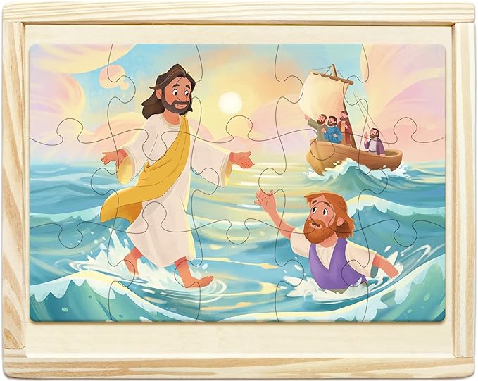 Bible Puzzles Kids, 4-in-1 Wooden Puzzles in Box, Religious Christian Toys for Toddlers, Christmas Puzzle for Kids, Jesus Walks on Water | Jesus with Children | Lost Lamb (New Testament)