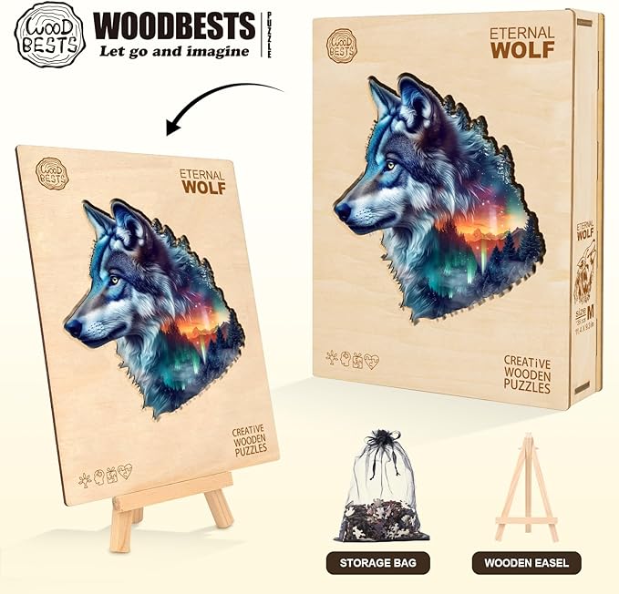 Wooden Puzzles for Adults, Aurora Wolf Jigsaw Puzzles, 90 Piece Unique Shaped Puzzle, Animal Shape Puzzle, Gifts for Adults/Friends/Family, Family Game，Wall Decor(8.5 * 8.1in)