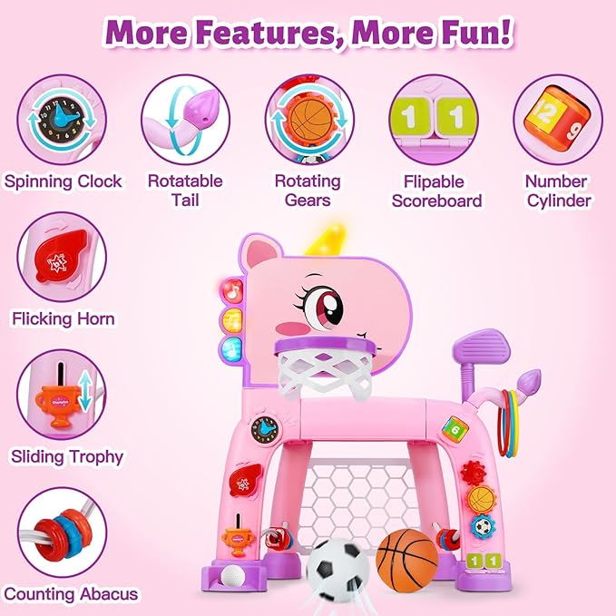 4 in 1 Toddler Basketball Hoop & Soccer Goal, Kids Sports Toy for 1 2 3 Years Old Girls Boys, Baby Toy with Sound & Light, Birthday Gift for 12-18 Months, Pink
