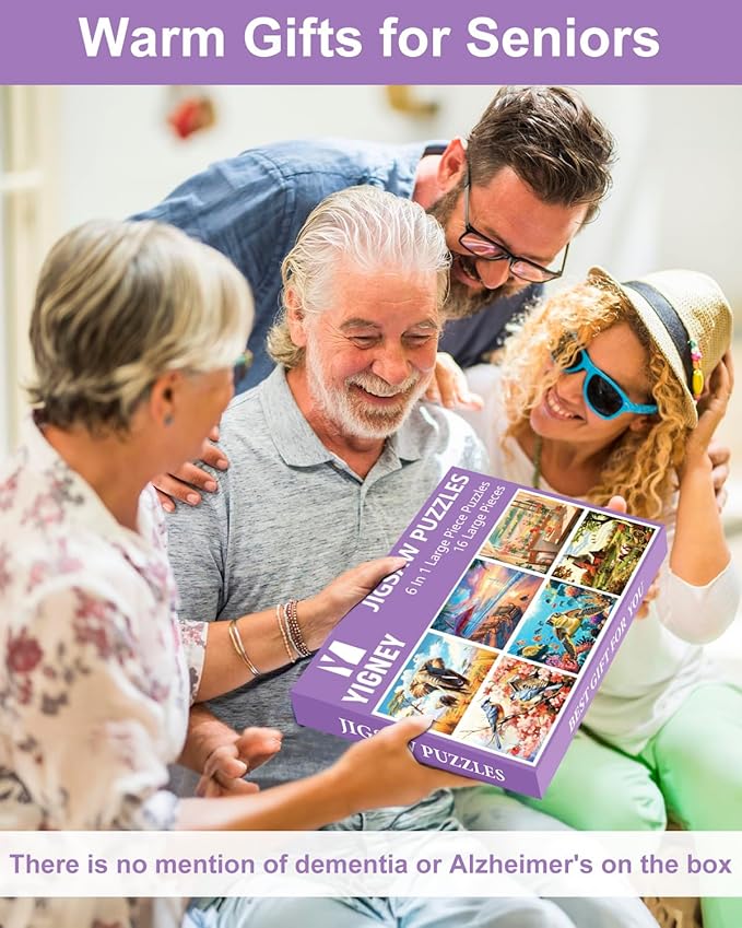 Yigney 6 Pack 16 Large Piece Jigsaw Puzzles for Seniors Alzheimer Product for Elderly Dementia Activities Memory Game for Patients in Nursing Home with Storage Box