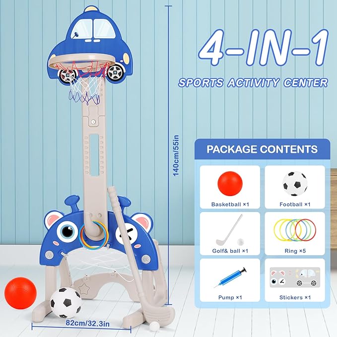 CYFIE Kids Basketball Hoop, 4-in-1 Height Adjustable Basketball Hoop, Football Goal, Golf and Ring Toss, Toddler Activity Center Set Toy Gifts for Girls Boys Sports Indoor Outdoor (Blue)
