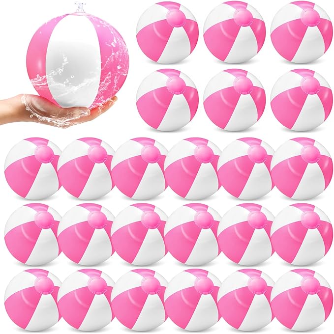 24 Pack 8 Inch Pink and White Inflatable Beach Balls Bulk PVC Beach Balls Blow up Water Games Toys for Kids Summer Swimming Pool Party Favors Hawaiian Tropical Theme Party Supplies