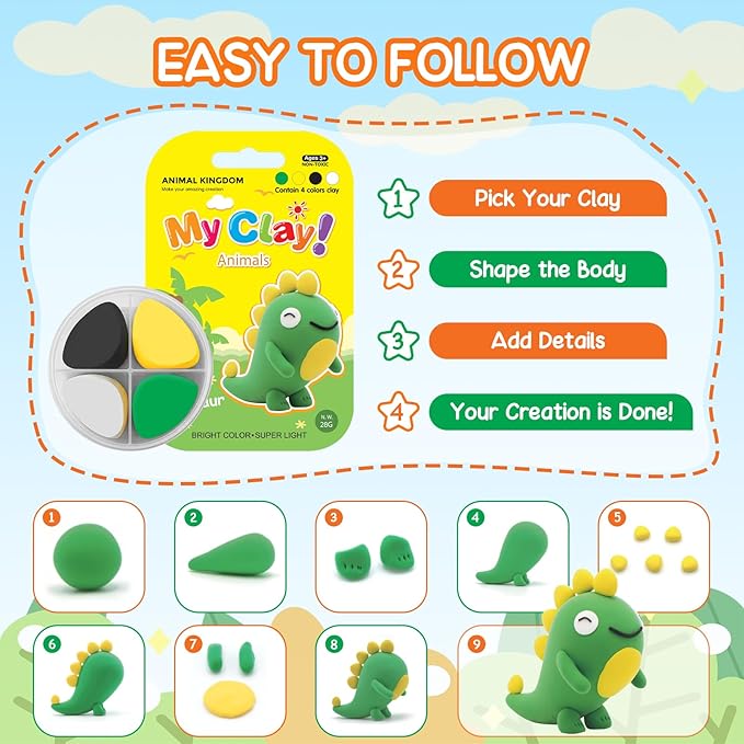 Air Dry Clay for Kids Air Clay Art Kits 12 Box Animals Theme Air Dry Modeling Clay Kit w/Sculpting Tools& Step-by-Step Tutorials,Ultra Soft Non-Sticky,Craft Party Favors Clay Toy Gift for Boys Girls