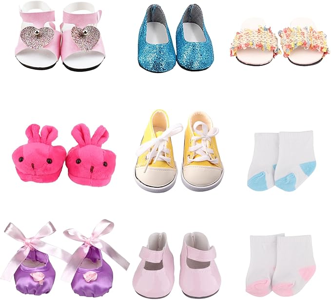 18 Inch Doll Shoes 7 Pairs of Doll Shoes 2 Socks 18 inch Doll Accessories Includes Sandals Ballet Flats Sequin/Sports/Princess/Bunny Shoes for 30-45 cm Doll Girls Boy Birthday Present