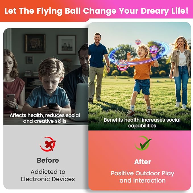 Flying Orb Ball Toy, 2026 Upgrade Hand Controlled Hover Ball with LED Lights, 360° Rotating Boomerang Globe, Cool Mini Drone, Ideal Birthday&Christmas Gift for Boys Girls-Red & Purple