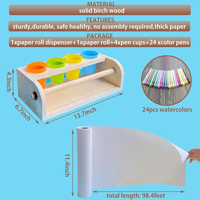 Wooden Tabletop Paper Roll Dispenser with Roll 11.4inx98.4ft and Pencil Cups Craft Art Paper Roll Holder for Kids Desktop Easel for Drawing Painting Home Classroom