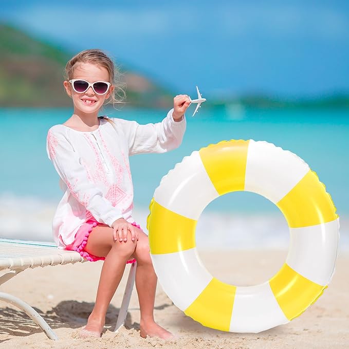 Whaline 4Pcs Inflatable Swimming Float Toy Striped Swim Ring Fun Print Pool Lounger Tube for Summer Swimming Beach Party