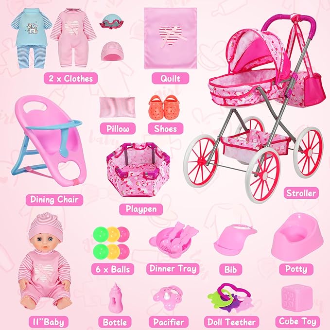 DRAMATION Unicorn Baby Doll Stroller Set with 11'' Baby Doll, Foldable Doll Stroller, Playpen, Dining Chair and 24 PCS Baby Doll Accessories, Doll Playset Toy for Girls Toddlers 3-5 4-6 Birthday Gifts