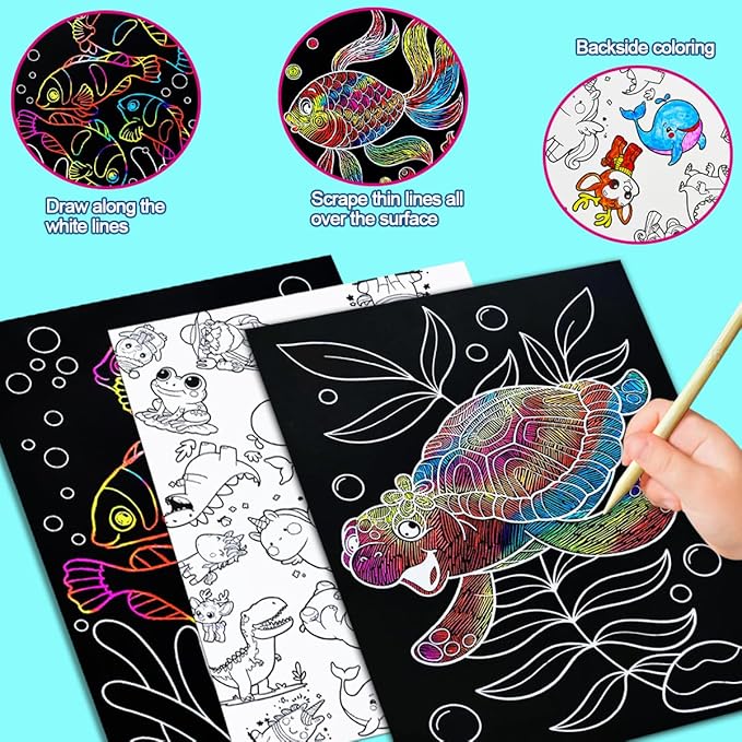 JUNQIU Scratch Art for Kids, Rainbow Scratch Paper Art Set - Ocean, Arts and Crafts for Girls Boys Ages 4-8, Kid Activity & Christmas Crafts, Stocking Stuffers for Kids
