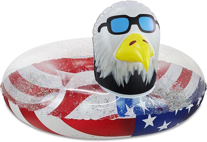 POZA Inflatable USA Pool Float - Luxurious Fun Lounger Filled with Sparkle Silver Stars Confetti, Cool USA Flag Design Water Swimming Pool Floaties for Beach, Lake & Pool