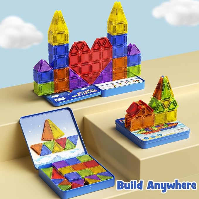 60PCS Mini Magnetic Tiles Travel Set with Metal Storage Box, Magnetic Blocks Kids Toy 3D Clear Magnetictiles Road Trip ‌Essentials Montessori Preschool Classroom Must Haves Xmars Gift for Age 3+