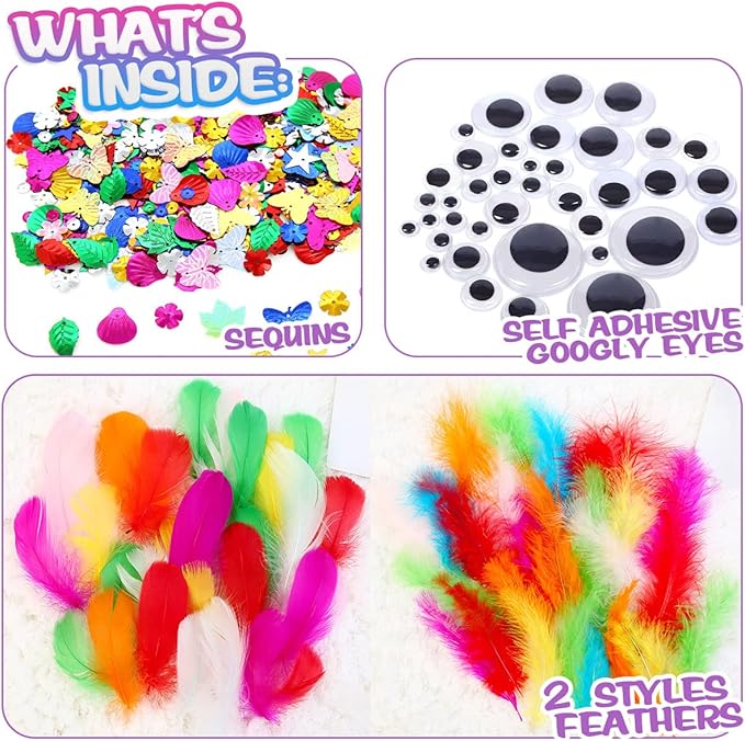 CH HAICHENG Arts and Crafts Supplies Including Feathers, Pipe Cleaners, Wiggle Googly Eyes, Pom Poms, Buttons, Ice Cream Sticks, Sequins and So On Supplies Crafts