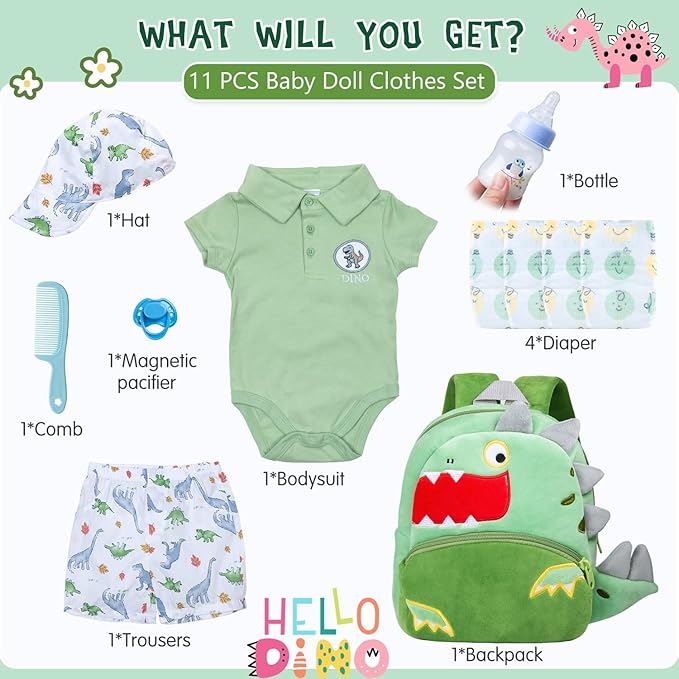11 Pcs Reborn Baby Doll Clothes Boy Dinosaur Outfit Accessories for 17-22 Inch Reborn Boy Dolls 20 Inch Newborn Baby Boy Clothes Green Accessories with Backpack