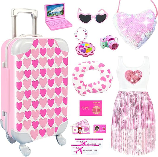 20Pcs 18 Inch Girl Doll Accessories Case Luggage Travel Play Set with Clothes, Bag, Travel Pillow, Glasses, Computer, Pretend Makeup Toy, Stuff for 18 Inch Doll - Christmas Birthday Gift