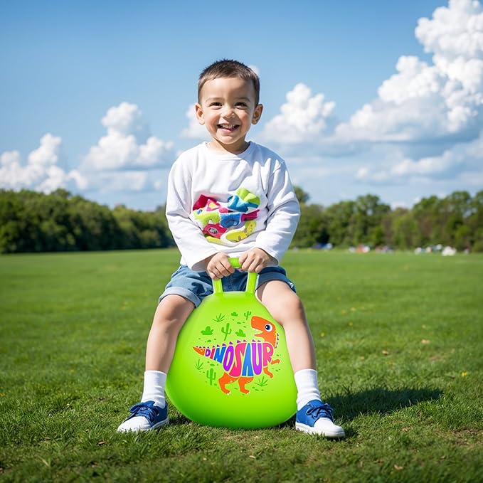 ZOOJOY Hopper Ball for Kids Aged 3-8, 18In Bouncy Balls with Handle, Green Dinosaur Hoppity Hop Ball with Pump, Indoor Outdoor Easter Basket Stuffers Hopping Toys for Boys Girls 3 4 5 6 Gifts