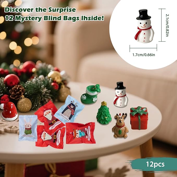 12-Pack Christmas Resin Mystery Bags – Mini Xmas Figurines Blind Bag Bulk for Holiday Crafts, DIY Decorations, Stocking Stuffers, Party Favors, Ornaments & Collectible Gifts