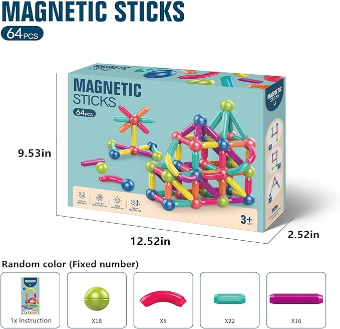 Magnetic Balls and Rods Set Building Blocks Magnets for Kids,Learning & Education Toys,Magnetic Sticks Blocks,Montessori Toys for Toddlers,Boys&Girls Gifts (64pcs)