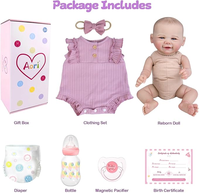 Aori Lifelike Reborn Baby Dolls - 20 Inch Realistic Smiling Girl Newborn Baby Doll with Weighted Body for Cuddling Poseable Soft Vinyl Limbs with Purple Outfit Set for Girls 3+
