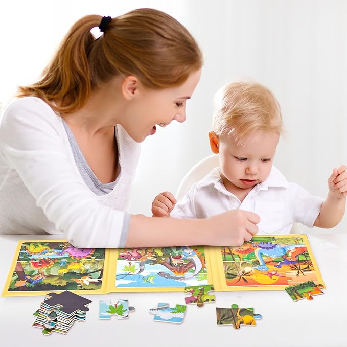 LovesTown Magnetic Puzzles Book for Toddlers, Educational Learning Toys, Dinosaur 48 Piece Travel Activity Set